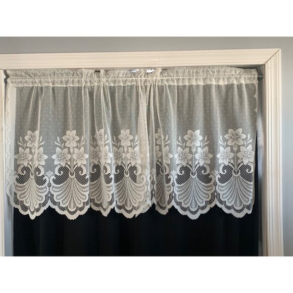 White Lace Window Valance Curtain Floral Design 25" Width X 54" Length Polyester - Picture 1 of 4